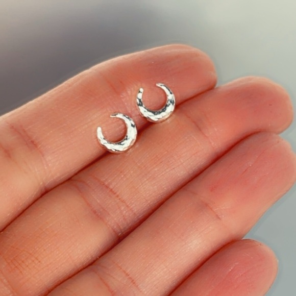 Tiny Silver Moon Ear Studs - Picture 11 of 11